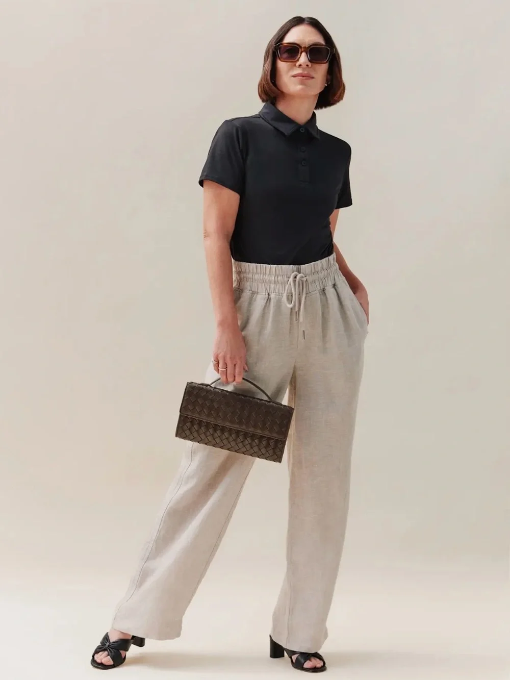 Women’s 100% European Linen wide leg Drawstring Pants - Flax